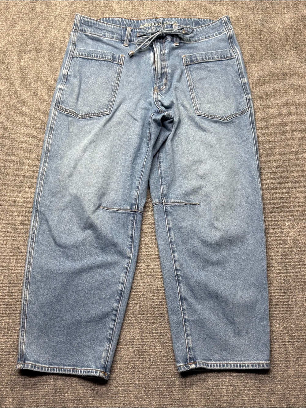 American Eagle Jeans Womens 12 Blue Barrel Stretch Drawstring Denim Baggy 34x27